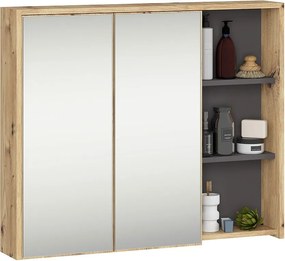 Szafka łazienkowa wisząca z lustrem AKORD VAMI Dąb Artisan, Grafit Szary 90 cm 2 drzwi 6 półek 90x75x15 cm