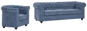Kanapa 3-osobowa i fotel z niebieskiej tkaniny CHESTERFIELD