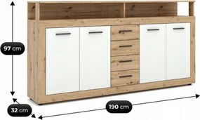 Komoda Czterodrzwiowa z Szufladami BLAGO 190 cm Dąb Artisan/Biały Nowoczesna