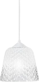 Biały klosz szklany do lamp wiszących - wykończenie przezroczyste, wzór dekoracyjny, oprawka E27 (małe szkło) d.25X21,5