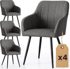 4x Krzesło tapicerowane z przeszyciami kwadratowymi Ciemny Grafit LUXANO Czarne nogi tkanina Lumos
