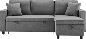 Sofa 3-osobowa, sofa rozkładana ze schowkiem i kieszeniami bocznymi, metalowa rama - ciemnoszary len