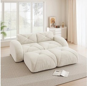 Canapé d'angle modulable en tissu chenille, 2 places, avec 2 pouf, 204x171x76cm, Blanc