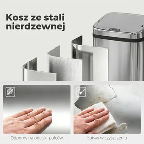 HOMCOM Kosz na śmieci z czujnikiem ruchu 50 L, automatyczny kosz ze stali nierdzewnej do kuchni, srebrny | Aosom PL