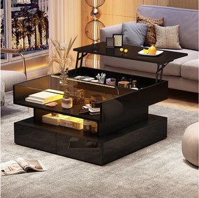 Czarny stolik kawowy z oświetleniem LED - Stolik kawowy z 2 szufladami i podnoszonym blatem - otwarta przestrzeń do przechowywania