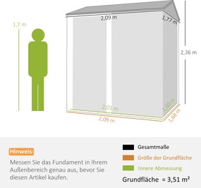 Outsunny Metalowy Domek Ogrodowy 3,5 m², Wysoki Zamykany Schowek z Pochyłym Dachem, Wentylacją i Rękawicami, 209 x 177 x 236 cm | Aosom PL
