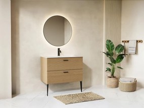 Szafka łazienkowa na nóżkach z wbudowaną umywalką, prążkowana - 2 szuflady - Jasne drewno naturalne - 80 cm - SARONE