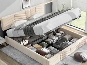 Łóżko ze schowkiem i regulowanym zagłówkiem - 160 x 200 cm - aksamit - stelaż z listew - kolor - beżowy