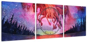 Obraz - Pojawienie się kosmicznych koni nad jeziorem, akwarela (z zegarem) (90x30 cm)