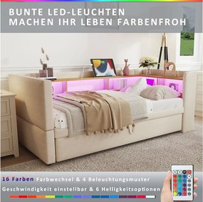 Sofa rozkładana z rozkładaną sofą - 2 x 90 x 190 cm - Schowek + LEDy + gniazda ładowania - Drewno lite - beż