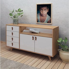 Nowoczesna komoda z 4 szufladami i półkami – 140 x 86 x 40 cm – Dąb i biel – Melamina