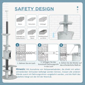 PawHut Drapak dla Kotów z Napinaczem Sufitowym, Hamakiem, Domkiem, Platformami, Piłką, 225-255cm, Szary