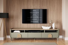 Szafka RTV Amilio 200 cm z szufladami na nóżkach - eukaliptus / dąb baltic dune / uchwyty dąb naturalny