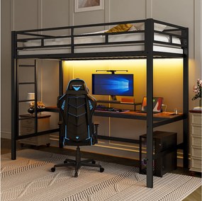 Łóżko piętrowe z barierką i drabinką - 90 x 200 cm - z USB i stolikiem - LED - bez materaca - metalowe - białe