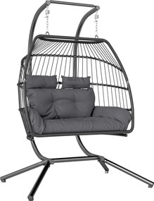 Outsunny Fotel Wiszący z Rattanu, Składana Konstrukcja z Poduszką, Stelaż Stalowy, Do Wewnątrz i Na Zewnątrz, Do 260 kg, Ciemnoszary