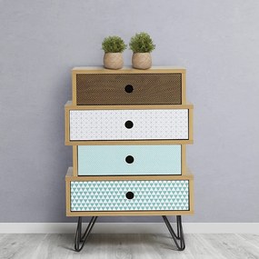 Stolik nocny Colummn Table Chevet Buda 4 szuflady, kolor dębu, nogi metalowe w kolorze czarnym.