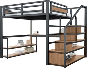 Łóżko mezzanine metalowe 140x200 cm - z drabiną do przechowywania i biurkiem - Czarne