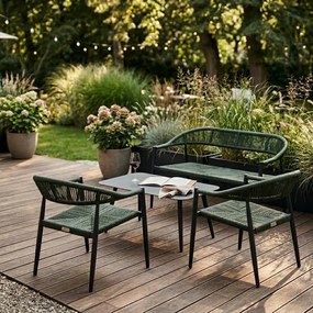Zestaw mebli ogrodowych ciemnozielony, szara rama, ławka, 2 krzesła, stolik