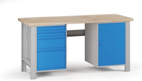 Stół warsztatowy G7, blat bukowy, 1700 x 685 x 840 mm, 1x szafka, 4x szuflada, niebieski