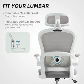 HOMCOM Ergonomiczny Fotel Biurkowy z Siatkowym Oparciem, Wysokość Regulowana, Składane Podłokietniki, 5 Kółek, Funkcja Bujania, Szary