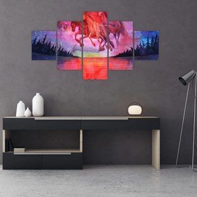 Obraz - Pojawienie się kosmicznych koni nad jeziorem, akwarela (125x70 cm)