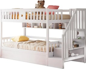 Łóżko piętrowe młodzieżowe - 90 x 200 cm - schowek hydrauliczny + schody do przechowywania + półki - drewno - białe