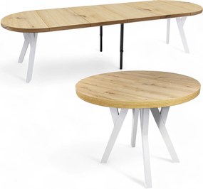 Stół solidny okrągły Biały + DĄB ARTISAN Ø100 rozkładany do 300 cm + nogi metalowe Y