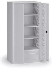 Szafa warsztatowa na narzędzia KOVOS, perforowana, 4 półki, 2 szuflady, 950 x 600 x 1950 mm, szary