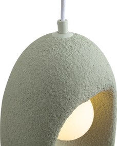 Lampa wisząca Japandi biała z organicznym jasnym zielonym kloszem 3-punktowa - Moonstone