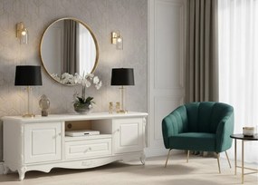 Stylowa szafka pod telewizor Anastasia, w kolorze ecru, wymiary 160x60 cm. Szafka rtv ma cokół z motywem róży, ornamentowe gałki. Francuski styl, kolekcja La Perle.