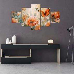 Obraz - Motyl i kwiaty, obraz olejny (125x70 cm)