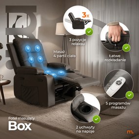 Fotel Masujący BOX Rozkładany Wypoczynkowy z Podnóżkiem Ciemnobrązowy Ekoskóra Nowoczesny