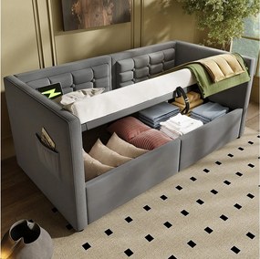 Sofa rozkładana 90x190 cm, szary aksamit, Łóżko ze schowkiem i portem USB/Typ-C, drewniany stelaż - bez materaca