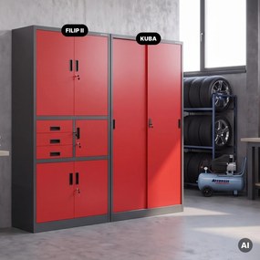 Szafa metalowa biurowa z drzwiami przesuwnymi antracytowo-czerwona, 900x1850x400 mm: KUBA