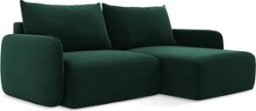 Ciemnozielony aksamitny rozkładany/ze schowkiem narożnik (prawostronny/z szezlongiem) Kalena – Makamii