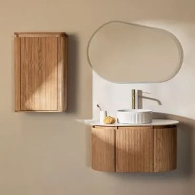 Zestaw Mebli Łazienkowych Z Drewna Carsone Naturalna & Naturalna & Redondo Cerámica Blanco Rayas Ø36 Cm Sinqua & Owalna Lampa - Sklum