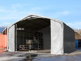TOOLPORT 7x7m Hala namiotowa - 2,6 m wysokość ścian bocznych z 5x2,9m brama, PVC 850, szary, ze statyką (podłoże gruntowe) - (49467)