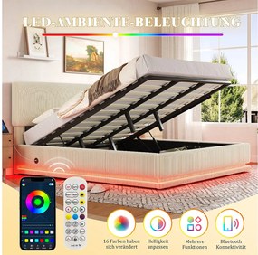 Łóżko tapicerowane hydrauliczne ze schowkiem - 180 x 200 cm - z diodami LED + USB + regulowany zagłówek - welur - beż
