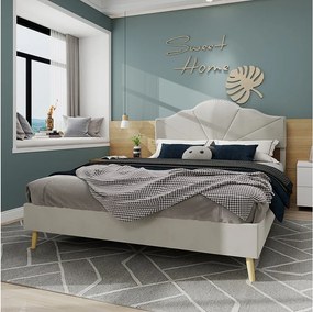 Łóżko dla dorosłych 160 x 200 cm - Łóżko dwuosobowe z miękkim zagłówkiem i drewnianymi nogami - beżowy aksamit holenderski