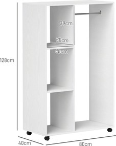 HOMCOM Szafa na Kółkach, Mobilna Garderoba, Szafa Garderobiana, Ruchoma Szafa na Ubrania, 80 x 40 x 128 cm, Biały