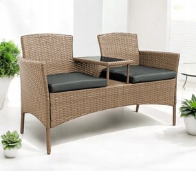 Meble ogrodowe Ratina NM-03, dwuosobowa sofa ze stolikiem, kolor naturalny, poduszki szare