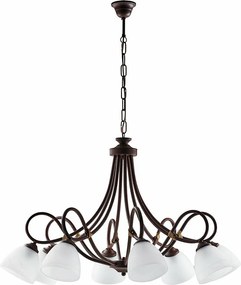 Dallas - żyrandol z czarnego lakierowanego żelaza, dekor imitujący rdzę, stare złoto, białe klosze alabastrowe Ø13 cm, klasyczny styl, 8 świateł