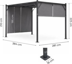 Szara pergola ogrodowa FG-362 z regulowanym zadaszeniem i roletami bocznymi