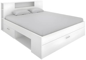Łóżko z zagłówkiem, skrzyniami i szufladami - 160x200 cm - Kolor: biały - LEANDRE