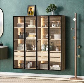 Zestaw 2 mebli łazienkowych z diodami LED - 148 x 36 x 155 cm - 4 duże szuflady i 4 drzwi szklane - drewno MDF - naturalny