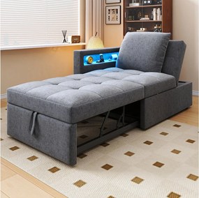 Sofa tapicerowana 3 w 1 z funkcją spania – 177 x 68 x 65 cm – z regulowanym oparciem + diody LED + porty USB/typu C – len – jasnoszary