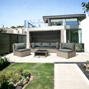 Wielofunkcyjny zestaw mebli ogrodowych - narożnik, leżanka z daszkiem Galicja 101 beż, poduszki szare