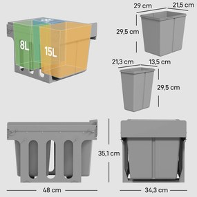 HOMCOM 31 l wysuwany pojemnik na odpady 15 l + 8 l x 2 z wyjmowanymi wiaderkami | Aosom PL
