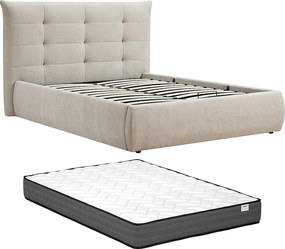 Łóżko ze skrzynią 160 x 200 cm z tapicerowanym zagłówkiem – Tkanina – Beżowe + Materac - DORMELINA