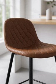 Czarny taboret tekowy Brzowy diamentowy skórzany